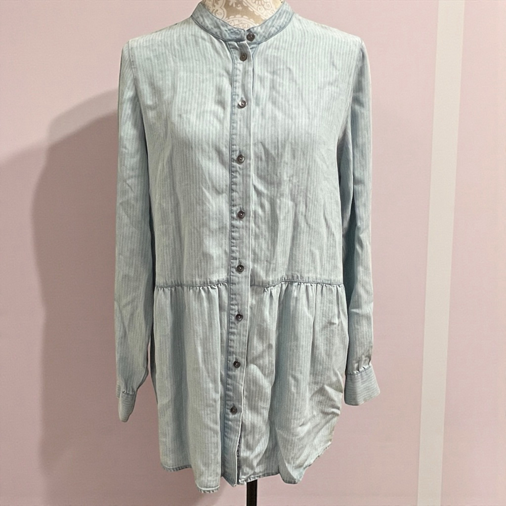 Soft Surroundings Blue Striped Tencel Button Down Tunic Top Size Medium